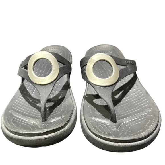 Crocs Sanrah Wedge Sandals‎ Silver Circle Black Flip Flop Slip On Womens Size 10 - Picture 2 of 10